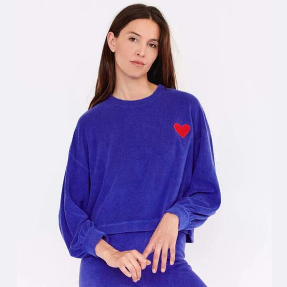 Sundry 1 S Heart Faux Sherpa Sweatshirt Blue Embroidered Pullover Soft TeddyBear - Picture 5 of 10